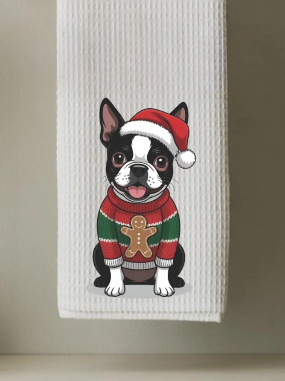 Boston Terrier Christmas Sweater Decorative Kitchen Tea Towel
